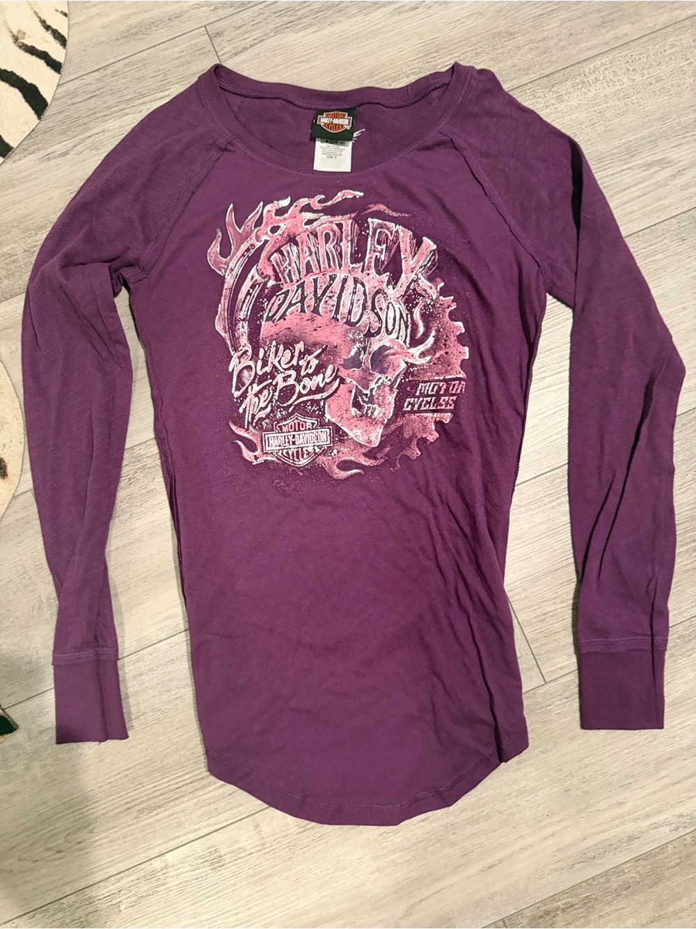 Harley-Davidson Purple Graphic Long Sleeve Tee with Pink and White Accents